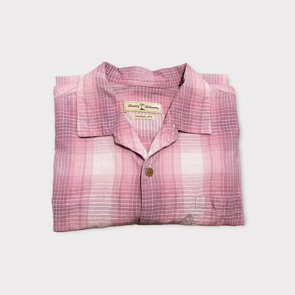 Tommy Bahama Pink Checked Plaid Short Sleeved Button Down Shirt